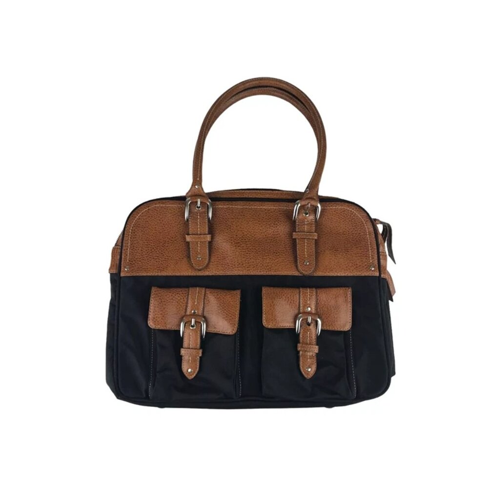 Franklin Covey Womens Black Brown Colorblock Leather Zipper Pockets Tote Bag